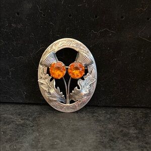 WBS Ward Brothers Sterling Silver Scottish Thistle Brooch With Amber Rhinestones